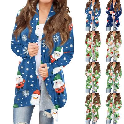 Женский модный кардиган свободного кроя в стиле кэжуал с рождественским принтом, пальто средней длины