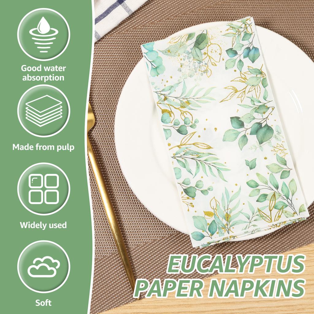100Pcs Eucalyptus Leaf Printed Paper Napkins Wedding Banquet Party Guest Paper Towel Hotel Western Restaurant Table Decoration