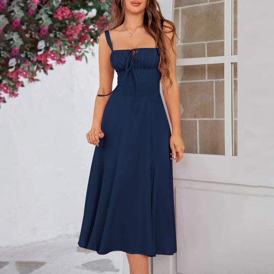 Женское платье без рукавов на бретелях-спагетти, с квадратным вырезом, миди-платье, шнуровка, расклешенное длинное платье, летящее А-силуэта, с разрезом, сарафан