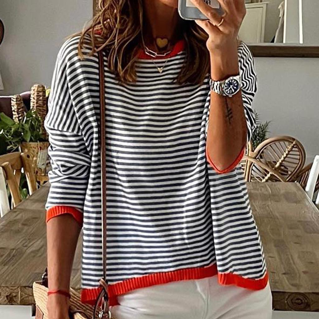 JKASHDK Женские модные повседневные пуловеры с круглым вырезом и длинными рукавами, весна-осень с полосатым принтом