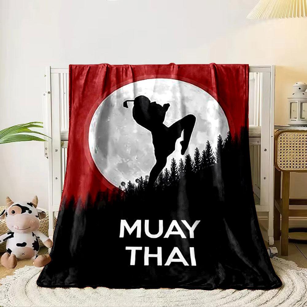 Silhouette of a Muay Thai fighter with a moon and red sky background. for all seasons blanket lunch break throw gift