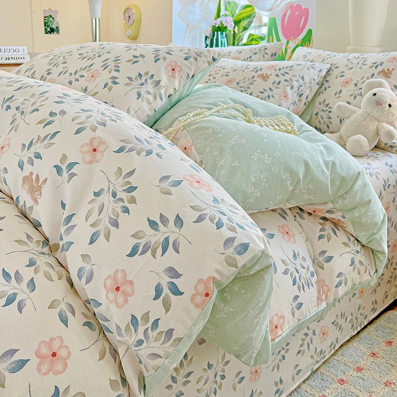 Утолщенный комплект из чистого хлопка, четыре предмета, маленький свежий хлопок, приятный к коже, простыни для сна нагишом, пододеяльник, постельное белье