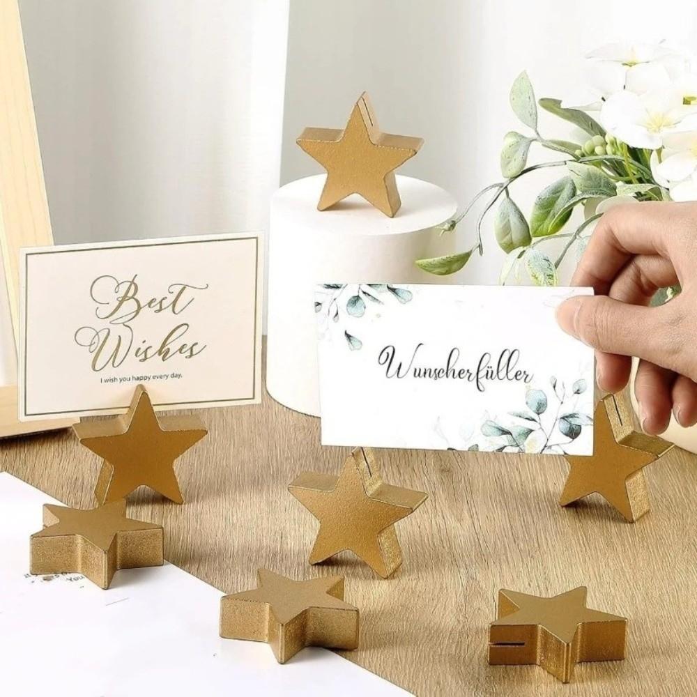 12PCS Gold Table Number Cards Stands Wooden Photo Display Stand Name Card Clips Banquet