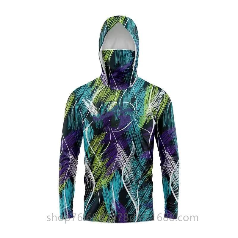 Mens Quick-Dry Ice Silk Fishing Long Sleeve Hooded Sun Protection Shirt With Integrated Face Cover Outdoor Casting