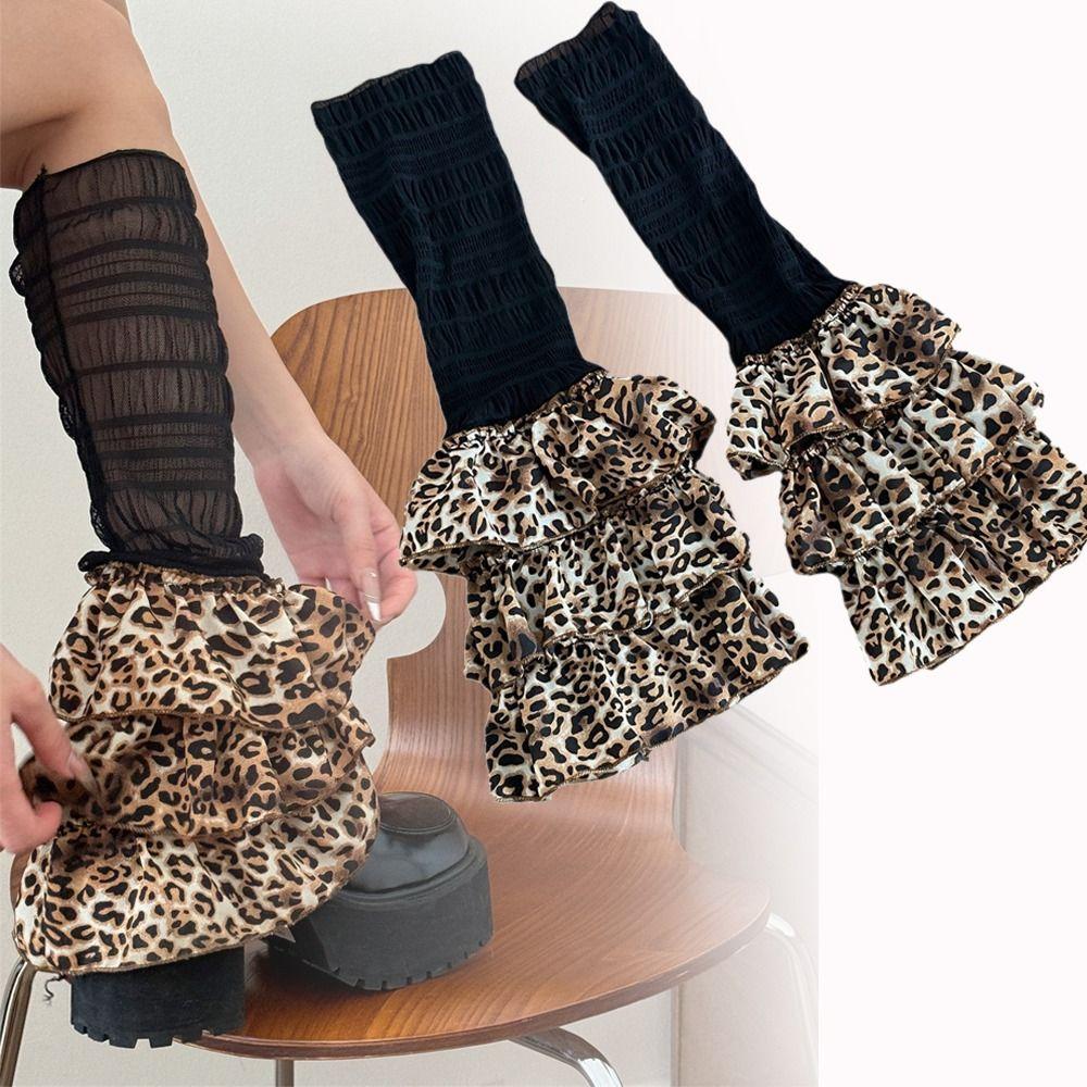 Winter Warm Ruffled Flared Leg Sleeve Leopard Print Tiered Piled Calf Socks Ruched Leg Warmer