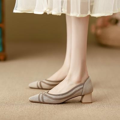 Новые толстые каблуки с маленькой квадратной головкой, легкие вязаные туфли с подходящим цветом, женские модные туфли-одиночки