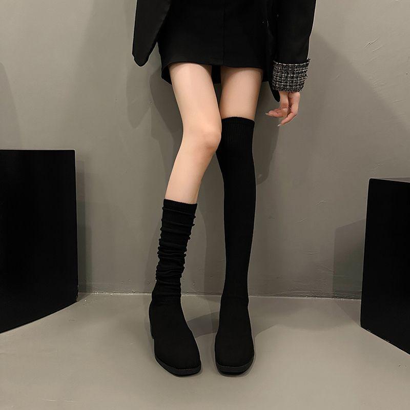 Эластичные носки ботильоны женские 2025 весна и осень новые универсальные длинные ботфорты толстый каблук маленький квадратный носок тонкие ботинки высокие ботинки