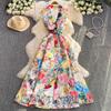 Vacation-style Dress Spring Suit Collar Women's Dress Cinched Waist Elegant Lace Printed Dress