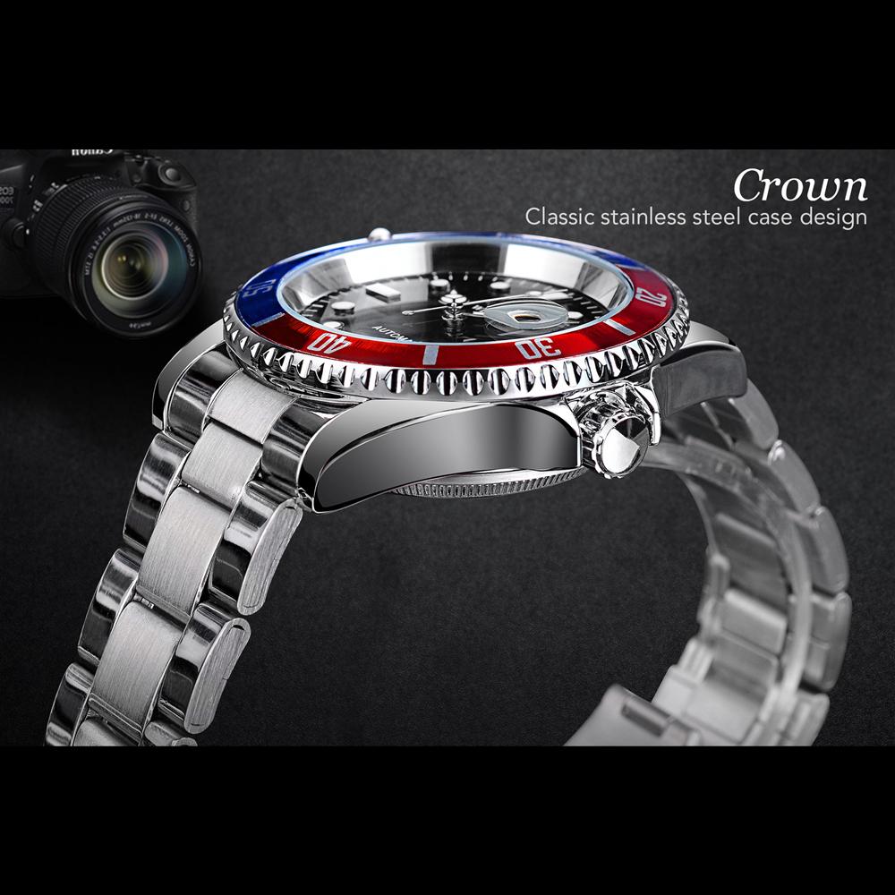 WINNER Top Men's Watch Automatic Mechanical Ribbon Calendar Water Ghost Series Watch Silver Stainless Steel Waterproof Luminous