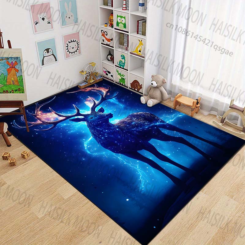 New product Glowing blue deer at night Carpet for Living Room Bedroom Bedside Floor Mat Cloakroom Children Playing Mat Area Rug