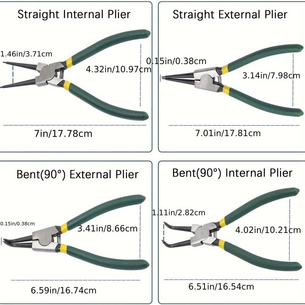 7-Inch 4-Piece Clamp Pliers - Heavy Duty Inner and Outer Ring Clamp Tool Kit with Straight and Elbow for Easy Removal of Ring and Retention C-Clamp