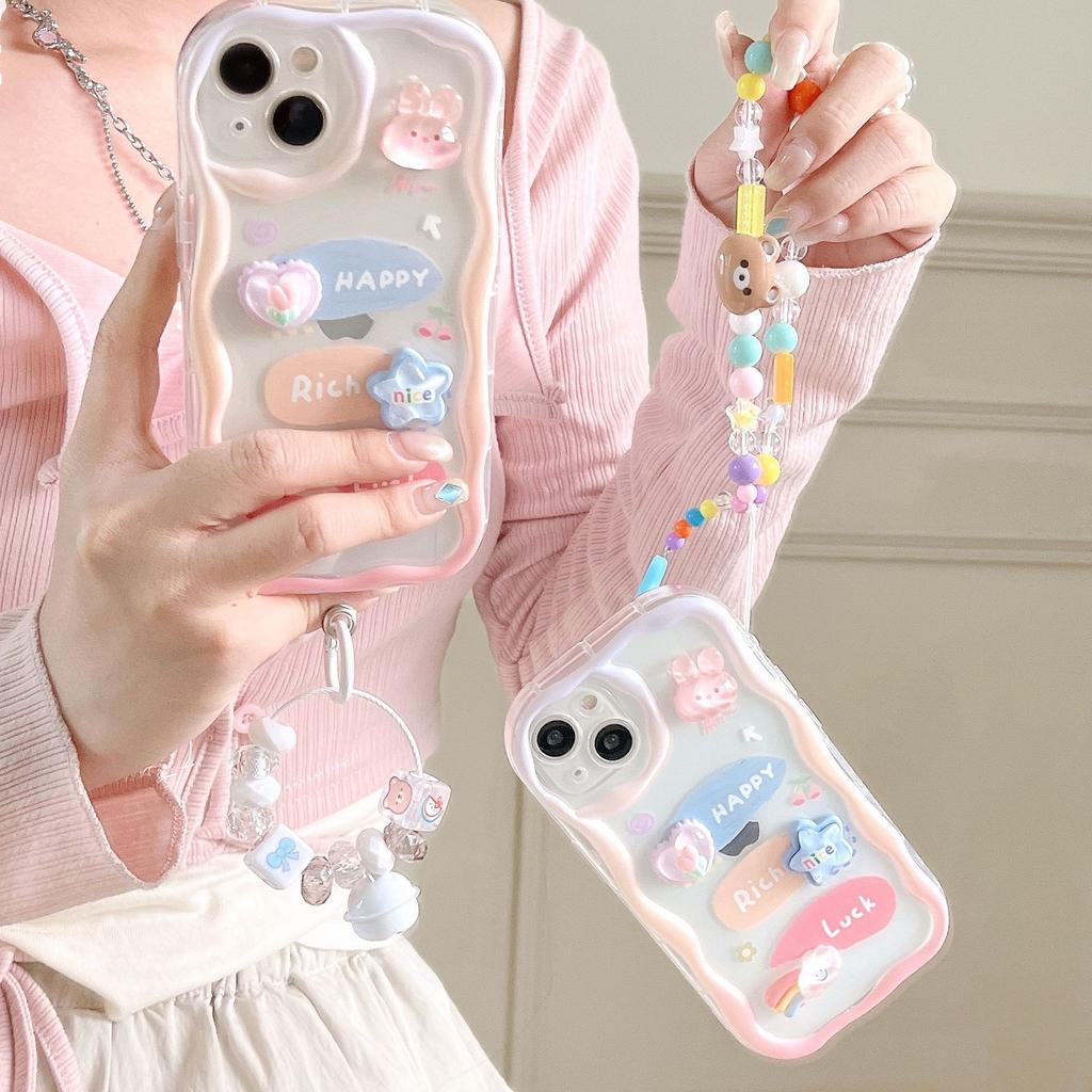 Трехмерный милый кролик, мультяшный кулон, чехол для мобильного телефона iPhone14 15/16, браслет с колокольчиком, мягкий чехол для мобильного телефона