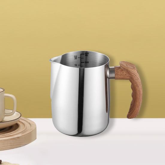 600/1000ML Milk Frothing Pitcher with Precise Scale Wooden Handle Dripless Spout Stainless Steel Latte Coffee Cup Milk