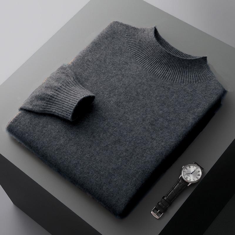Men's Pure Wool Half-High Collar Solid Color Pullover Sweater - Loose, Plus Size, Warm Knitwear