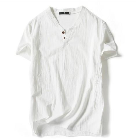 Mens Japanese Solid Linen Cotton Plus Size Short Sleeve Two Button Tshirt