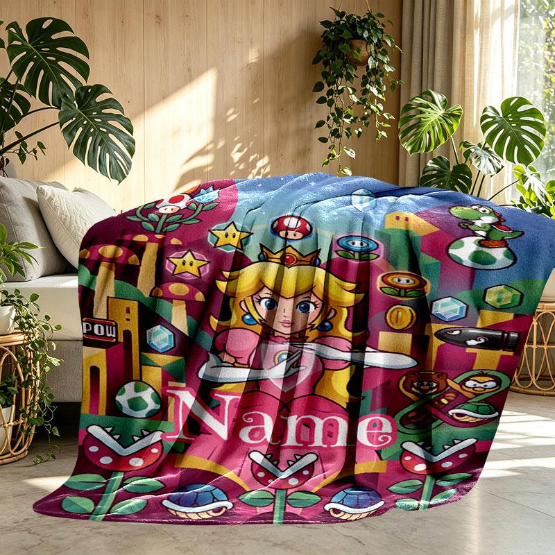 Custom Name Personalized Princess Peach Toadstool Print Blanket, Home Decor, Bedroom, Sofa, Camping, Couch, Gifts for Birthday Christmas