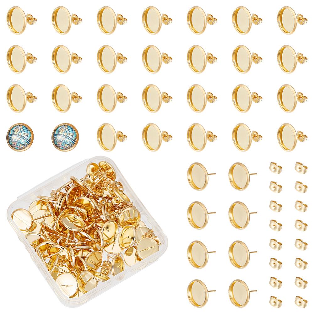 Flat Round 304 Stainless Steel Stud Earring Settings, with 304 Stainless Steel Ear Nuts, Real 18K Gold Plated, Tray: 12mm, 14x2mm, Pin: 0.8mm