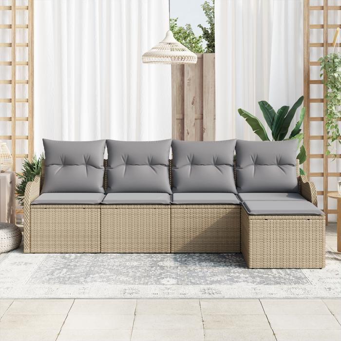 VidaXL Ensemble de Canapé de Jardin 5 Pièces avec Coussins Beige Poly Rattan 3354329
