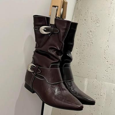 Ретро рыцарские ботинки Осень Новая мода Острый носок Металлическая пряжка на ремне Внутреннее увеличение высоты Противоскользящие Износостойкие Средние