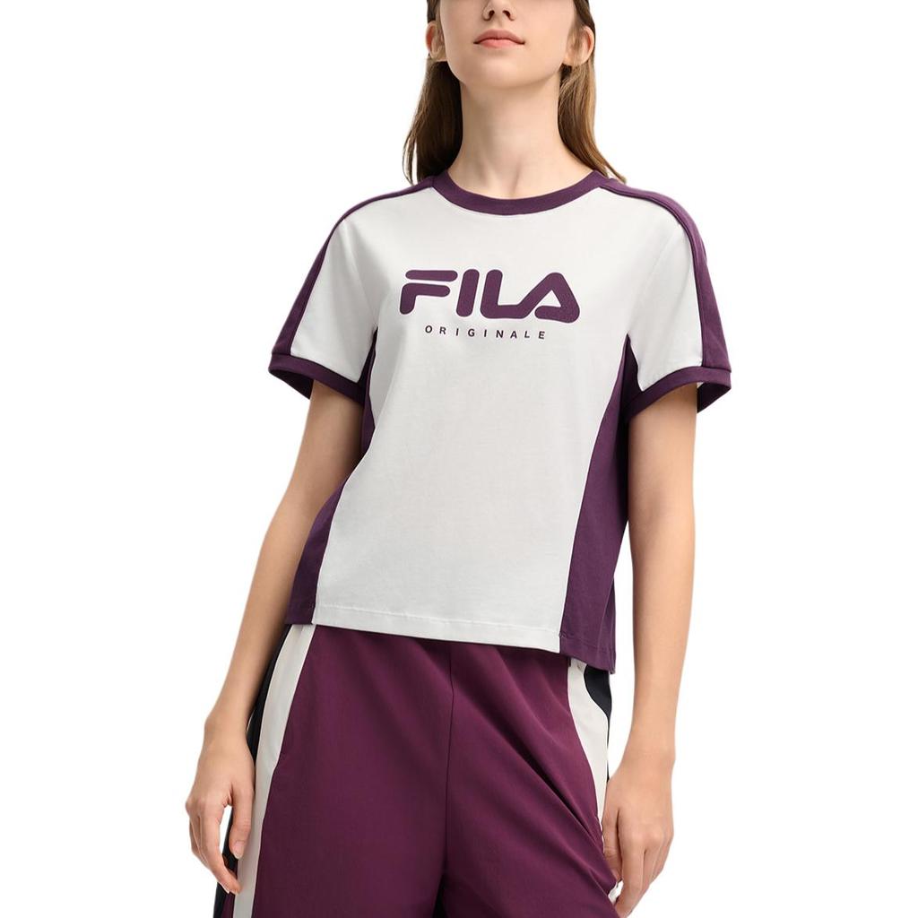 Fila Мода Колорблок Универсальная Вязаная Футболка с Коротким Рукавом Обычного Кроя Женские топы Облако-Гриб-Белый F11W519101FWT