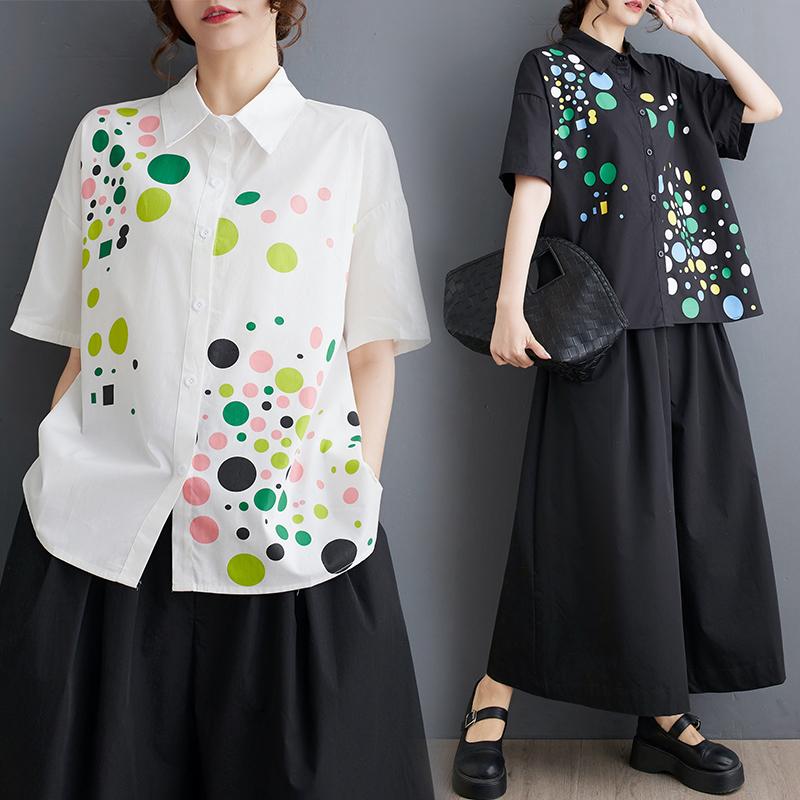 DIMANAF 2025 Plus Size New Women Basic Blouse Summer Loose Shirt Short Sleeve Casual Tops Tees Vintage Printing Shirt