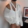 INCERUN Oversized Men Tie Up Long Sleeve Buttons Up Mesh See Through Hollow T-shirts Tops