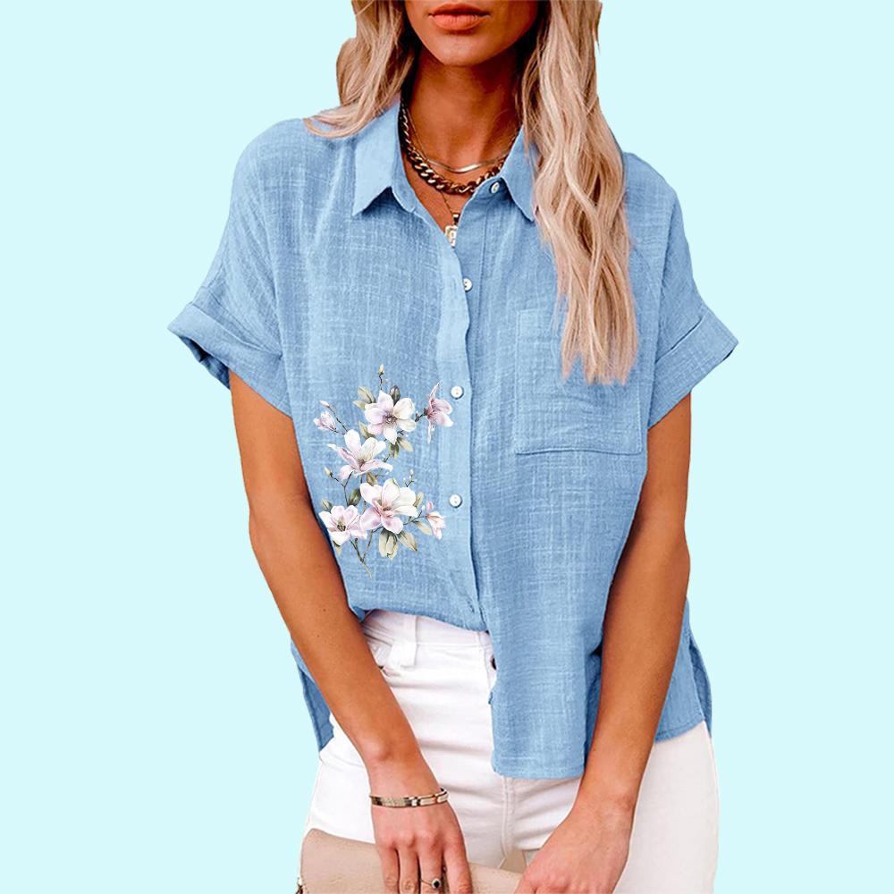 Большие размеры Женская мода цветочный принт блузка повседневная льняная футболка женская свободная застегивающаяся на пуговицы рубашка с коротким рукавом