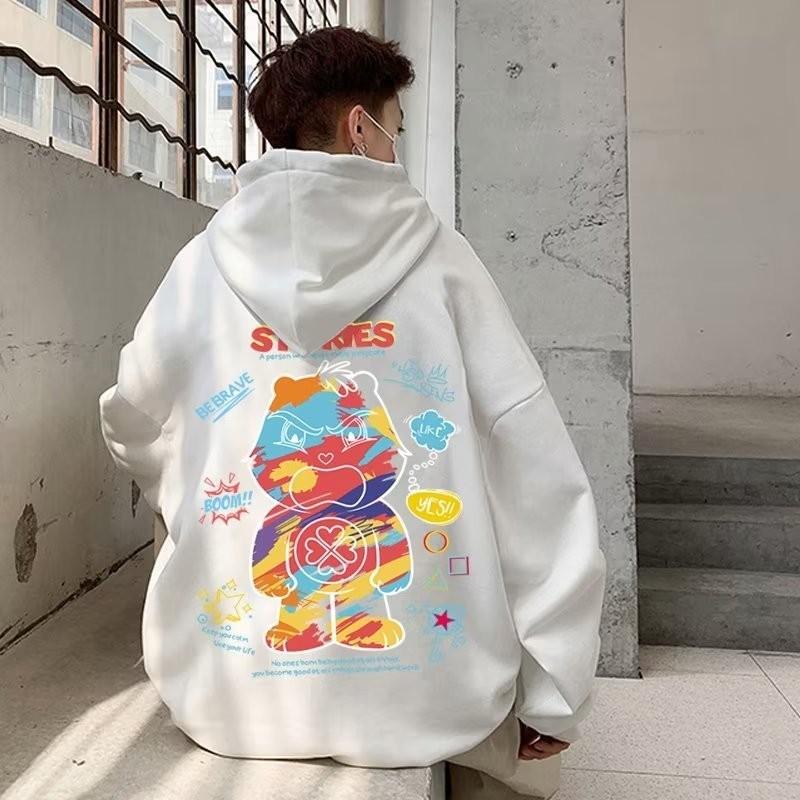 Men Oversized Hoodie Fashion Loose American Color Graffiti Bear Print Long Sleeve Couple Clothes