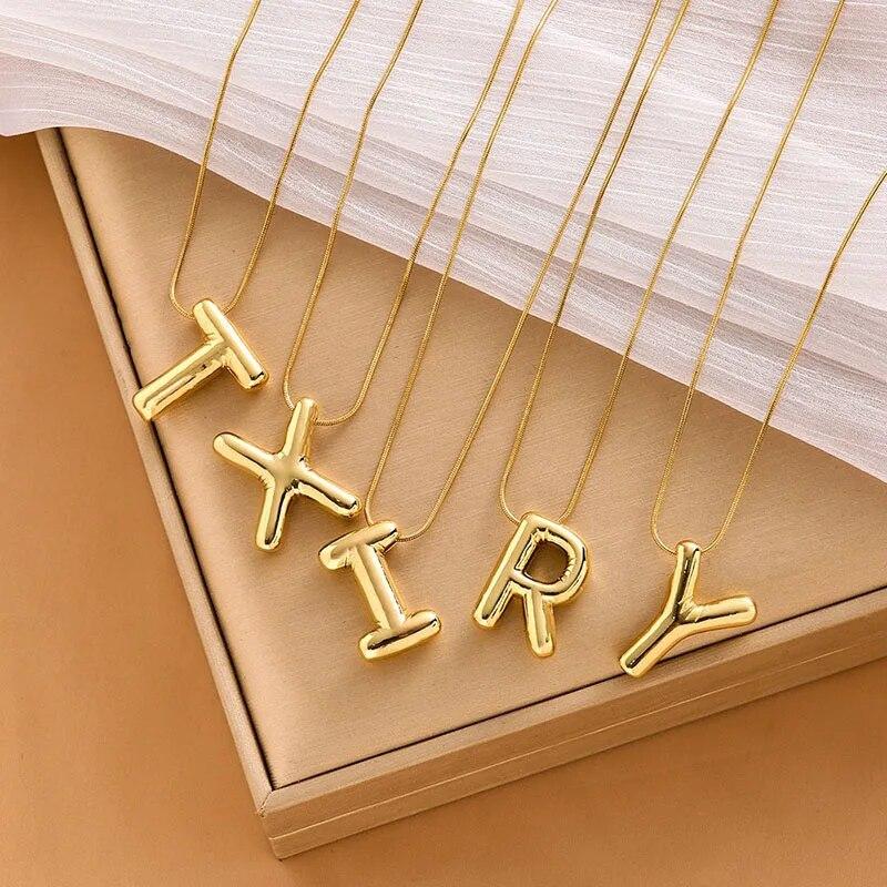 Stainless Steel Gold Color Chunky Alphabet Balloon Bubble Initial Letter Pendant Necklace for Women Charm Necklace Jewelry Gift
