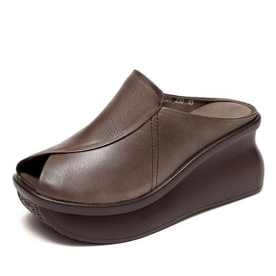 Модные шлепанцы на танкетке 7 см для женщин, летние, без задника, с открытым носком, из натуральной коровьей кожи, на платформе, увеличивающие рост, повседневные слайды