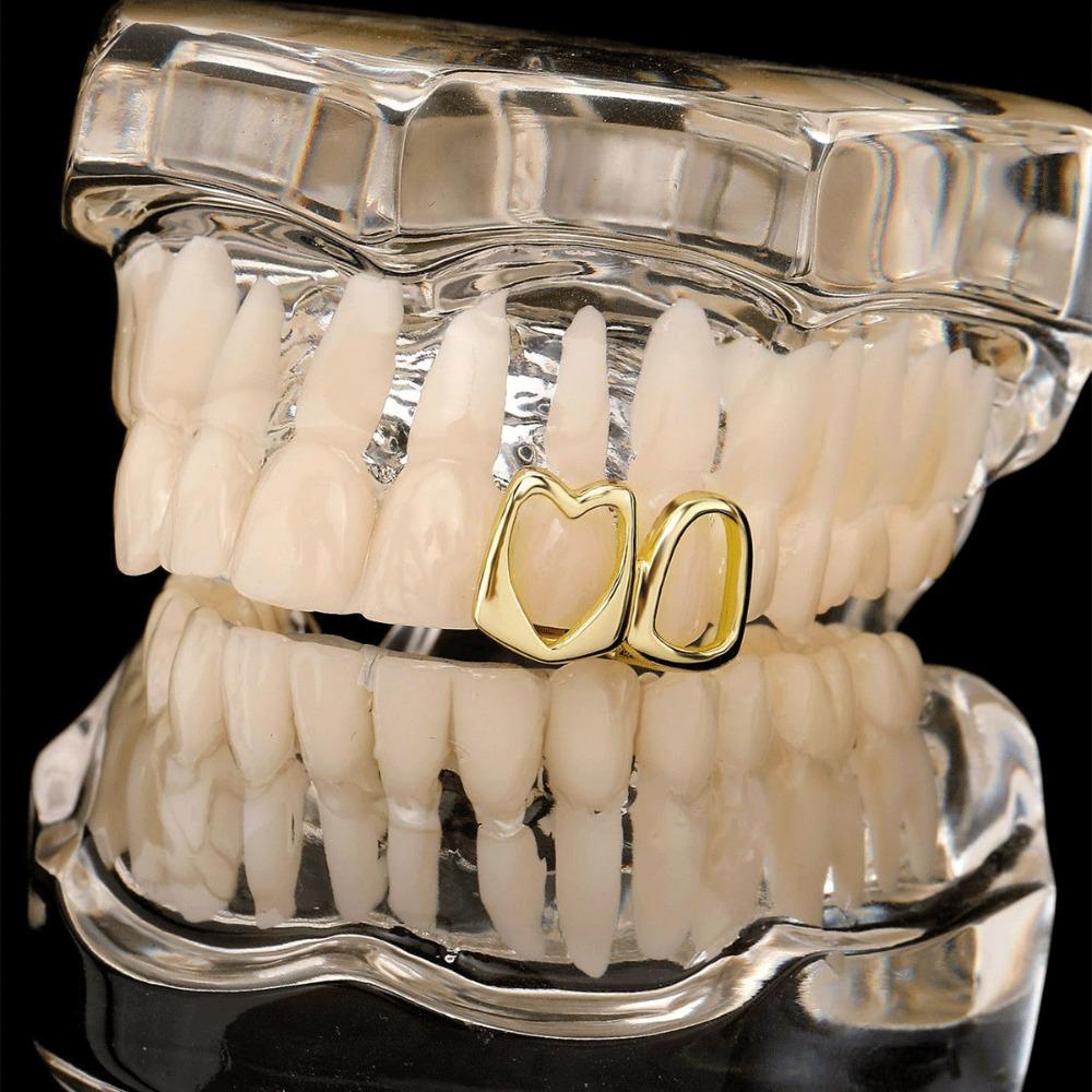 1/2pcs Hip Hop Hollow Heart Tooth Grillz Gold Color Zircon Wearable Tooth Jewelry Rhinestone Tooth Caps Charm Teeth Grillz