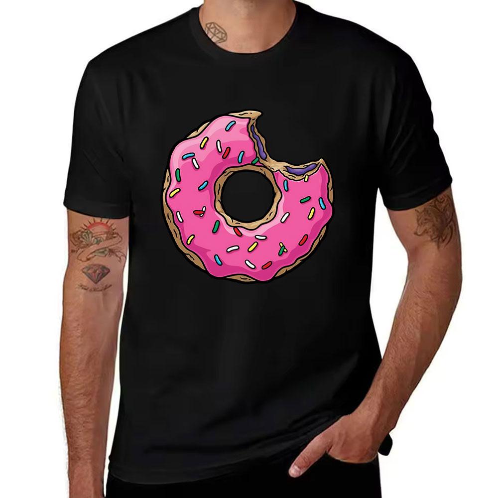 Unisexs Cotton Short Sleeve Tshirt With Fun Bitten Pink Glazed Donut Print Casual Summer Graphic Tee For Daily Wear