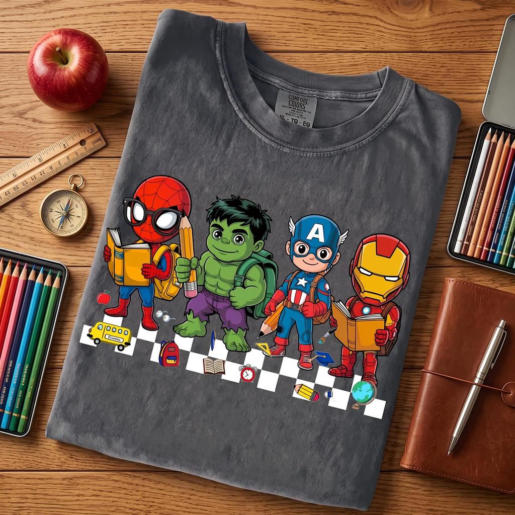 Superhero Back to School Shirt Cute Chibi Avengers Tee Comfort Colors Spiderman Hulk Captain America Iron Man Teacher Gift