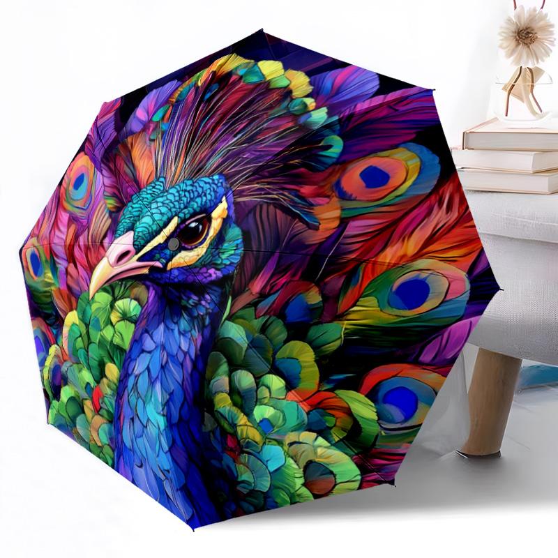 Vibrant Peacock Stained Glass Art Portable Automatic Umbrella Compact & Durable 8-Rib Design Durable Plastic & Iron Travel Essential Fashion Lovers