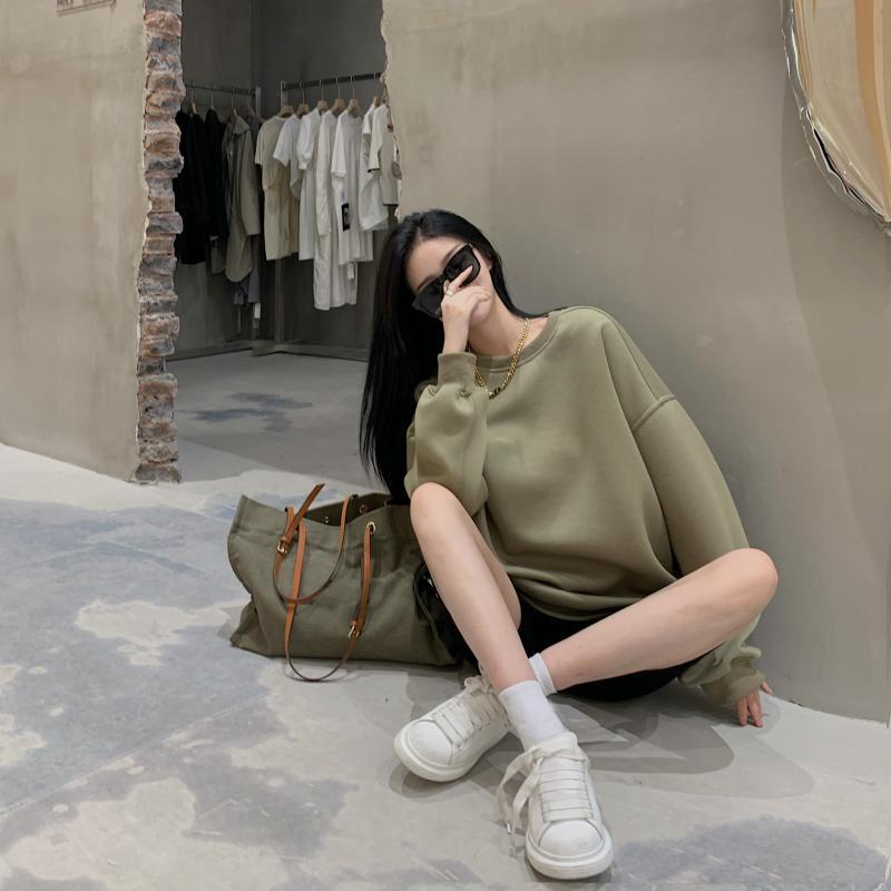 Тонкий свитшот для женщин, осенний новый стиль, длинный рукав, свободный зеленый круглый вырез, студенческая куртка, топ для женщин