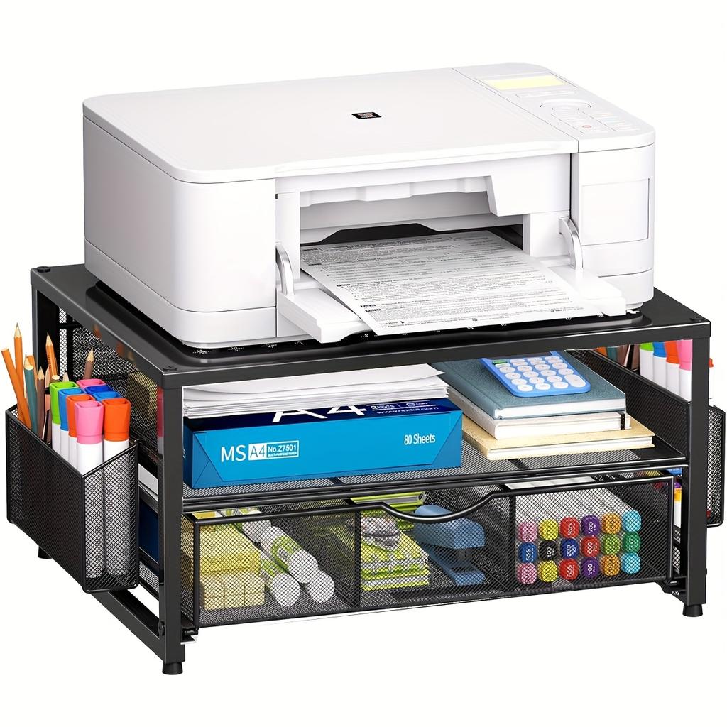 Heavy Duty Metal 2-Tier Printer Stand with Storage Drawer, A4 Paper Tray and Pen Holder for Desk Organization, Black