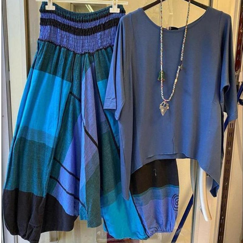 1 комплект футболка брюки клетчатый узор эластичный пояс летняя блузка неровные широкие брюки уличная одежда