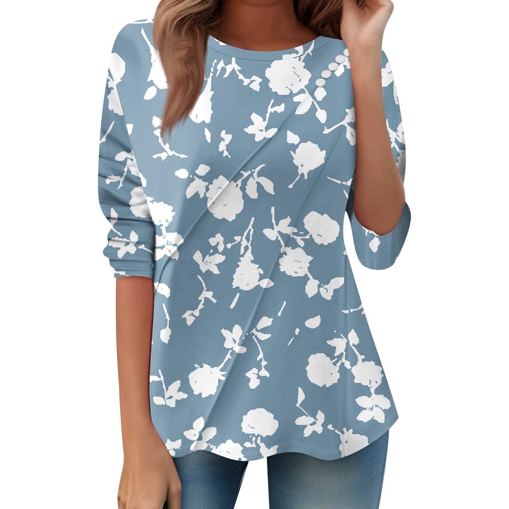 Women's Loose Casual Long Sleeve Top Round Neck Button Pull Stripe Prints T Shirt