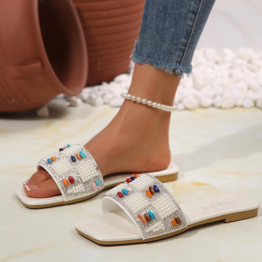 Fashion Summer Sandals Women New Summer Flat Sandals Shoes Female Designer Square Toe Bling Luxury Slippers Zapatos De Mujer