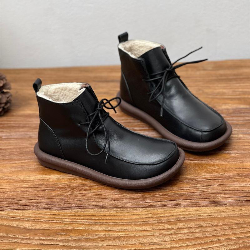 Сапоги из натуральной кожи и хлопка, винтажные, ручной работы, с круглым носком, на плоской подошве, теплые, из коровьей кожи