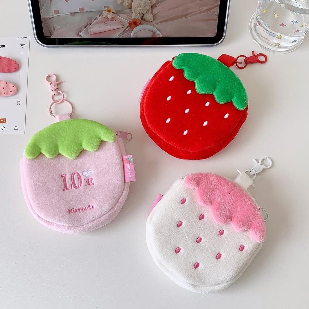Multi-functional Strawberry Wallet Soft Cartoon Campus Card Storage Bag Hanging Earphone Lipstick Storage Pouch for Women Girls