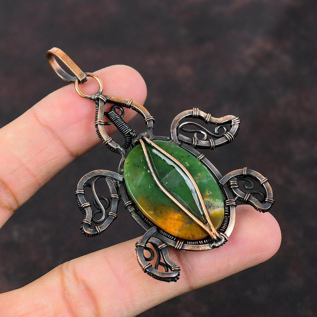 Подвеска из хризопраза Боулдера, подвеска из медной проволоки, ювелирное изделие ручной работы, подвеска из драгоценного камня черепахи, медная бижутерия, женская подвеска, подарок для мамы