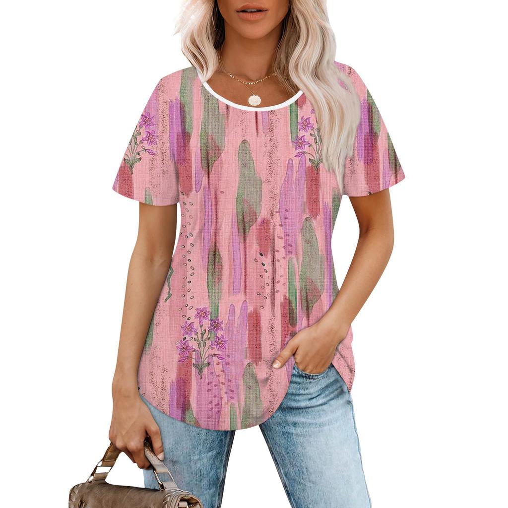Женская модная повседневная плиссированная футболка с короткими рукавами и круглым вырезом с градиентным принтом