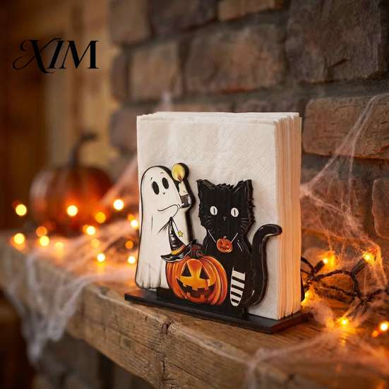 Unique Holiday Kitchen Decor Happy Halloween Wooden Napkin Holder, Cute Ghost Pumpkin Black Cat Tissue Rustic Wood Dispenser Paper Dispenser, Vertical