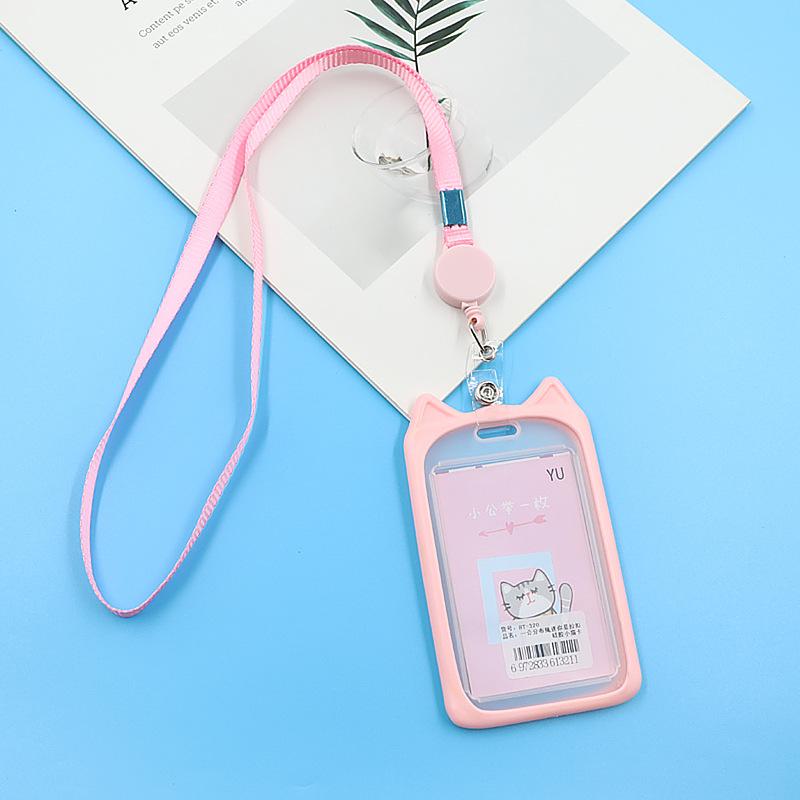 Пластиковый держатель для карт в виде мультяшного кота, чехол для удостоверения личности, кредитный чехол, выдвижная катушка, ремешок, чехол для банковской карты