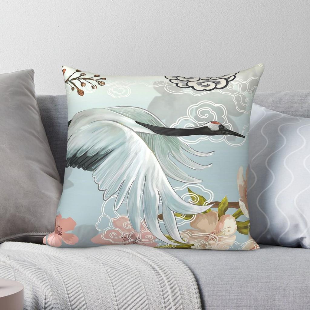 White Crane Sakura Pillowcase Polyester Linen Velvet Creative Zip Decor Home Cushion Cover Wholesale