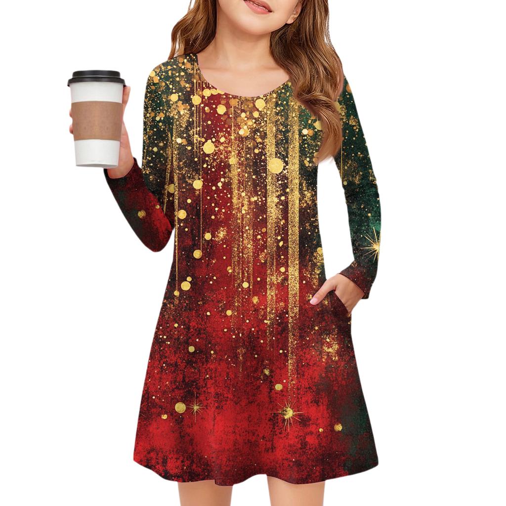 Christmas Day Girls' Long Sleeve Dress - Color Pocket Dress