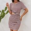 GMXIA Женская мода лето весна сплошной полосатый принт с коротким рукавом и круглым вырезом с высокой талией повседневные платья