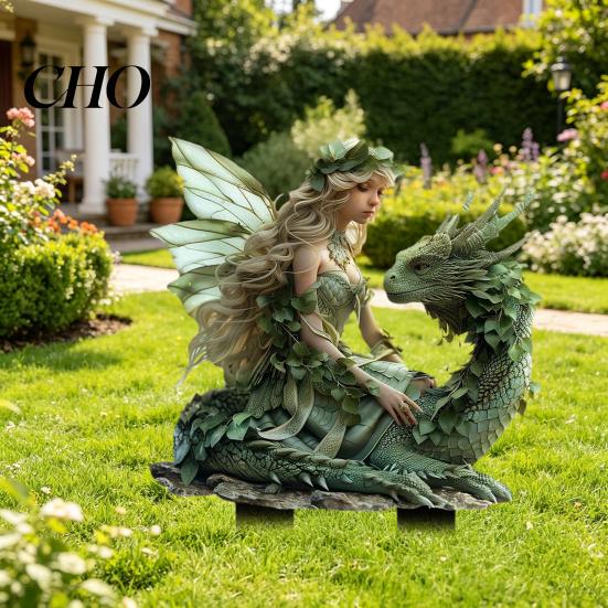 Balcony Plant Decor Fairy Dragon Garden Stake, Fantasy Yard Art Outdoor Decoration on for Planter Flower Bed Lawn UV Printed