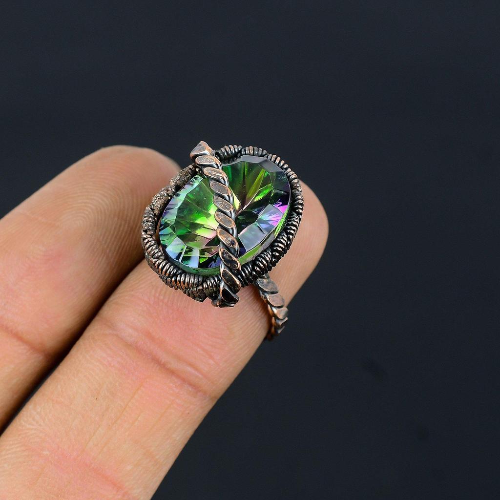 Mystic Topaz Gemstone Copper Wire Wrapped Handmade Jewelry Ring For Her
